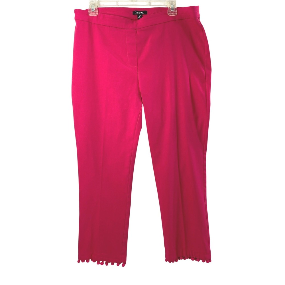 Roz & Ali Pants Womens 16 Pink Pom Pom Trim Cropped Stretch Slacks Whimsy Resort